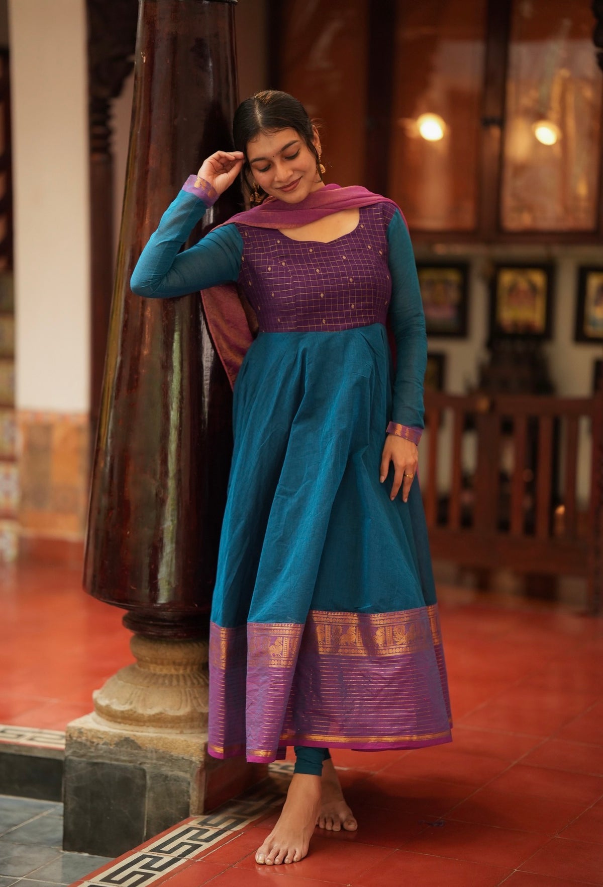 Damini – Blue Chettinad Cotton Full-Flare Anarkali Suit
