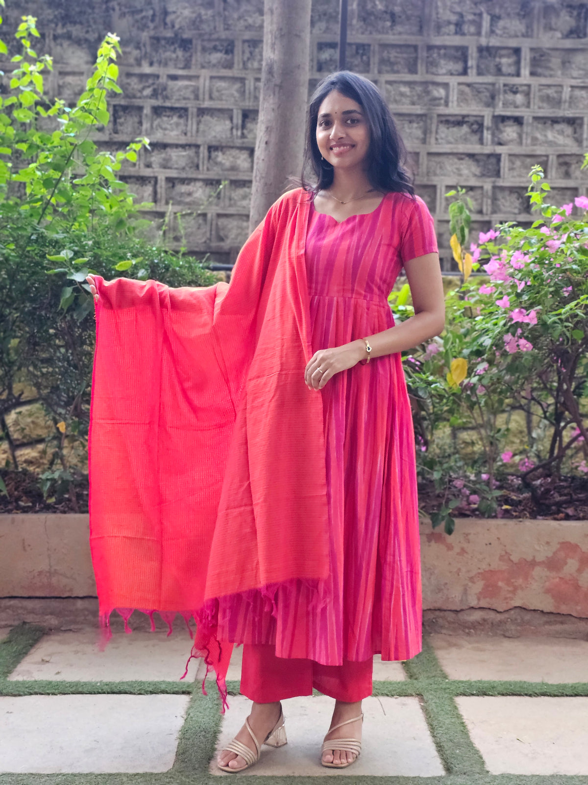 Sangavi – Pink Ikkat Box-Pleat Kurta Suit Set