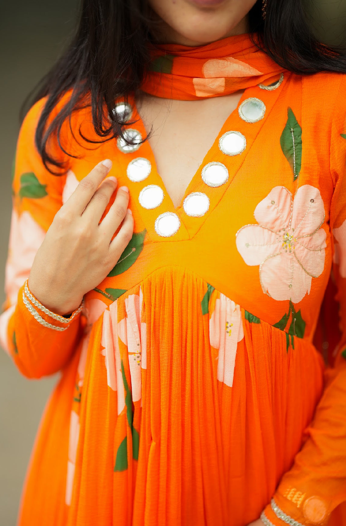 Tamara – Orange Hand-Painted Chiffon Alia-Cut Suit