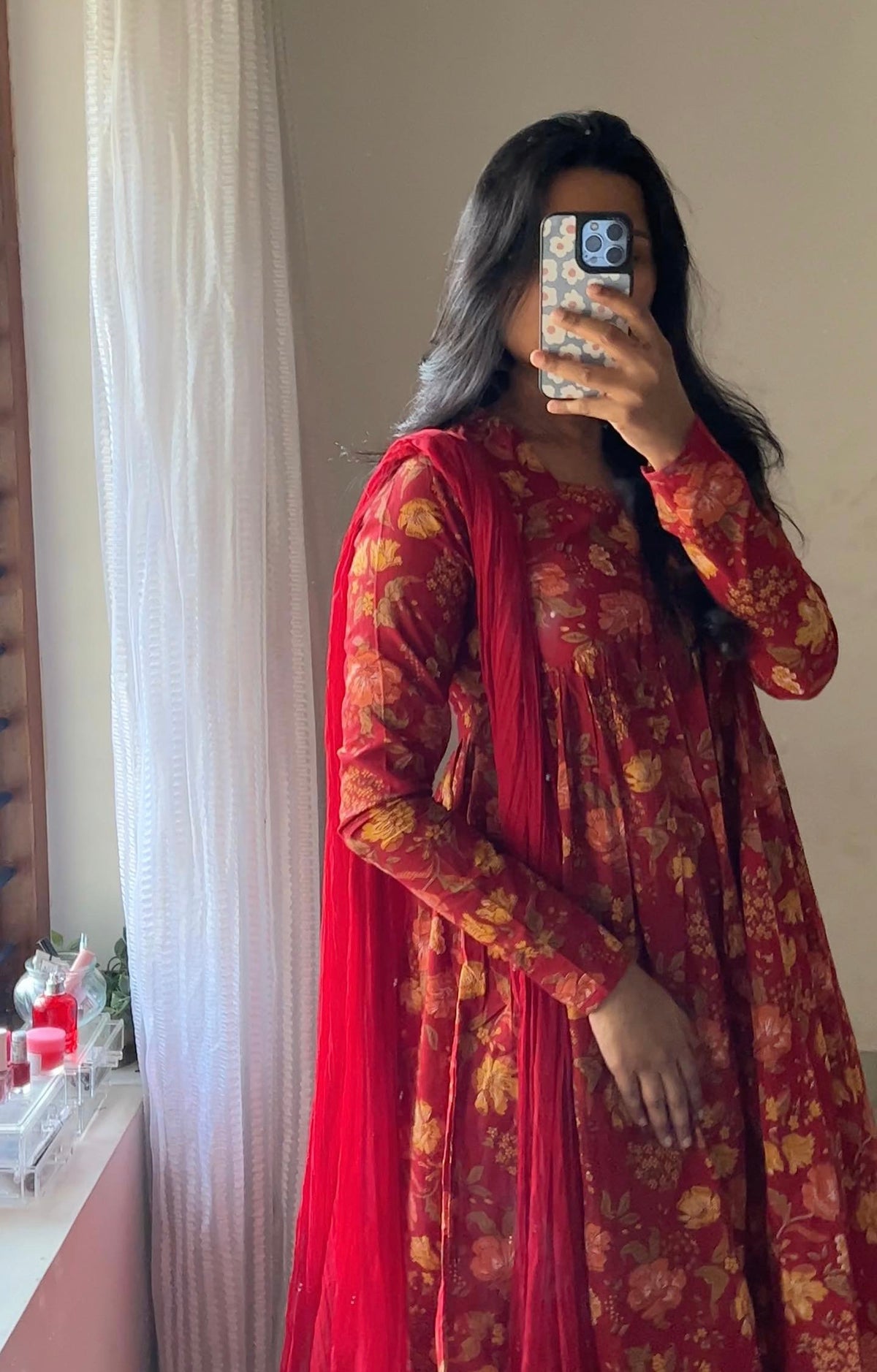 Niva – Maroon Floral Alia-Cut Suit with Chiffon Dupatta