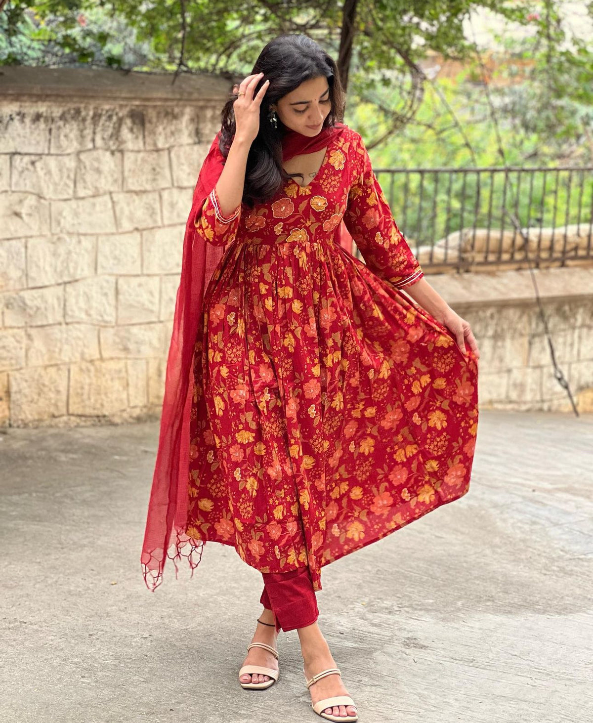 Red floral cotton kurta set with Kota dupatta