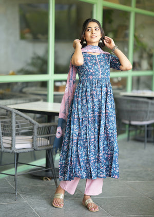 Blue floral Anarkali with Kota tie dye dupatta