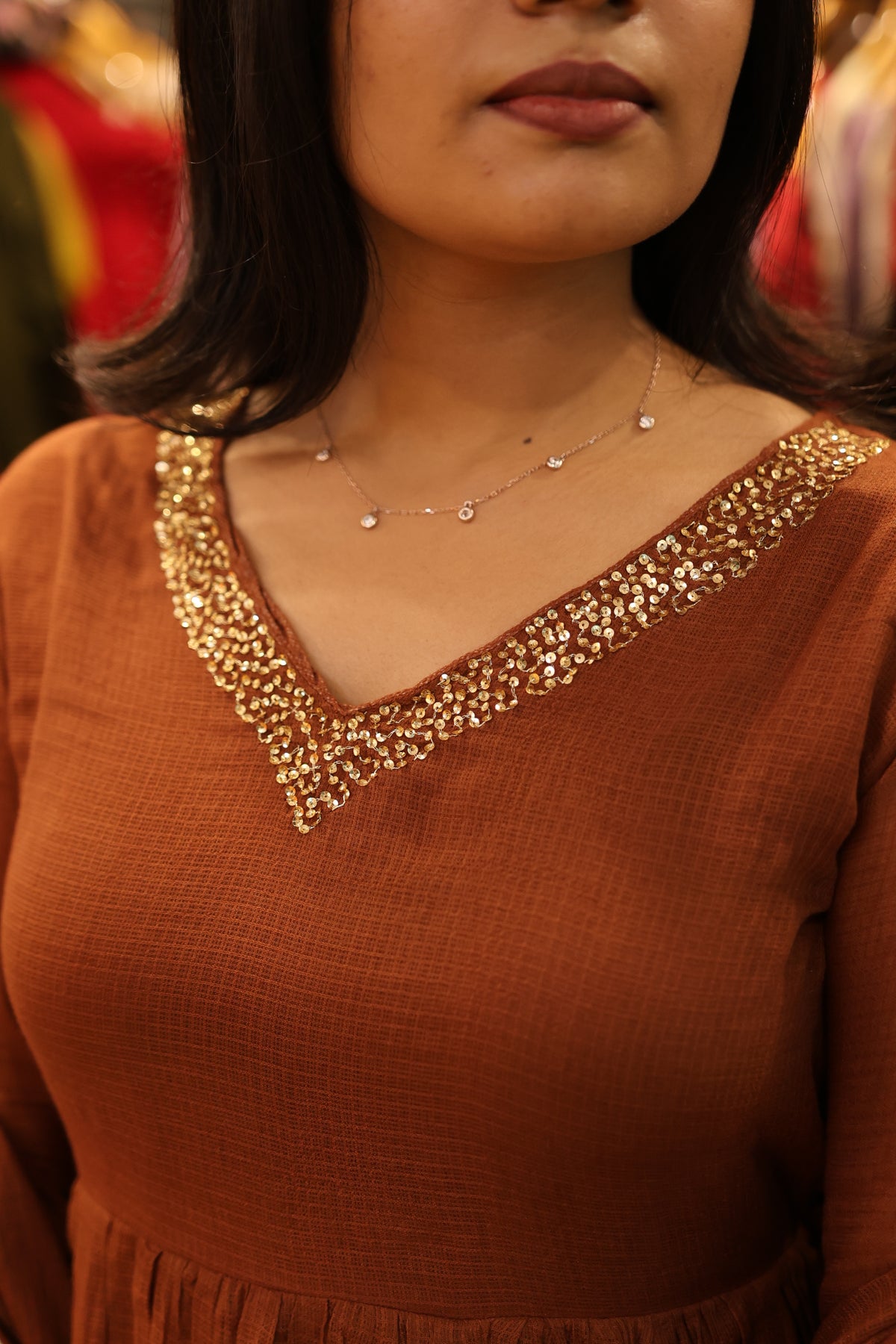 Saanvi – Coffee Brown Kota Cotton Anarkali Suit Set with Dupatta