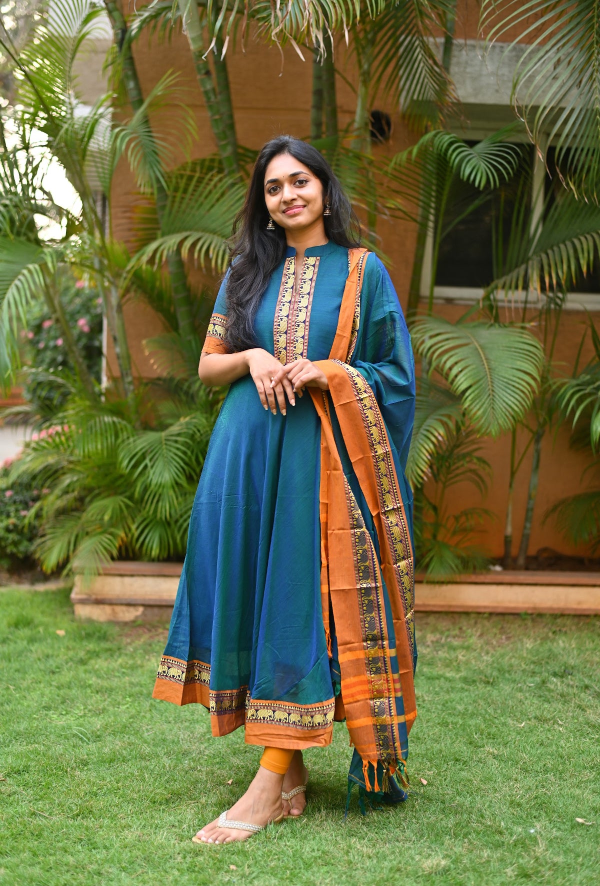 Arti Gold – Peacock Narayanpet Anarkali with Mustard Dupatta