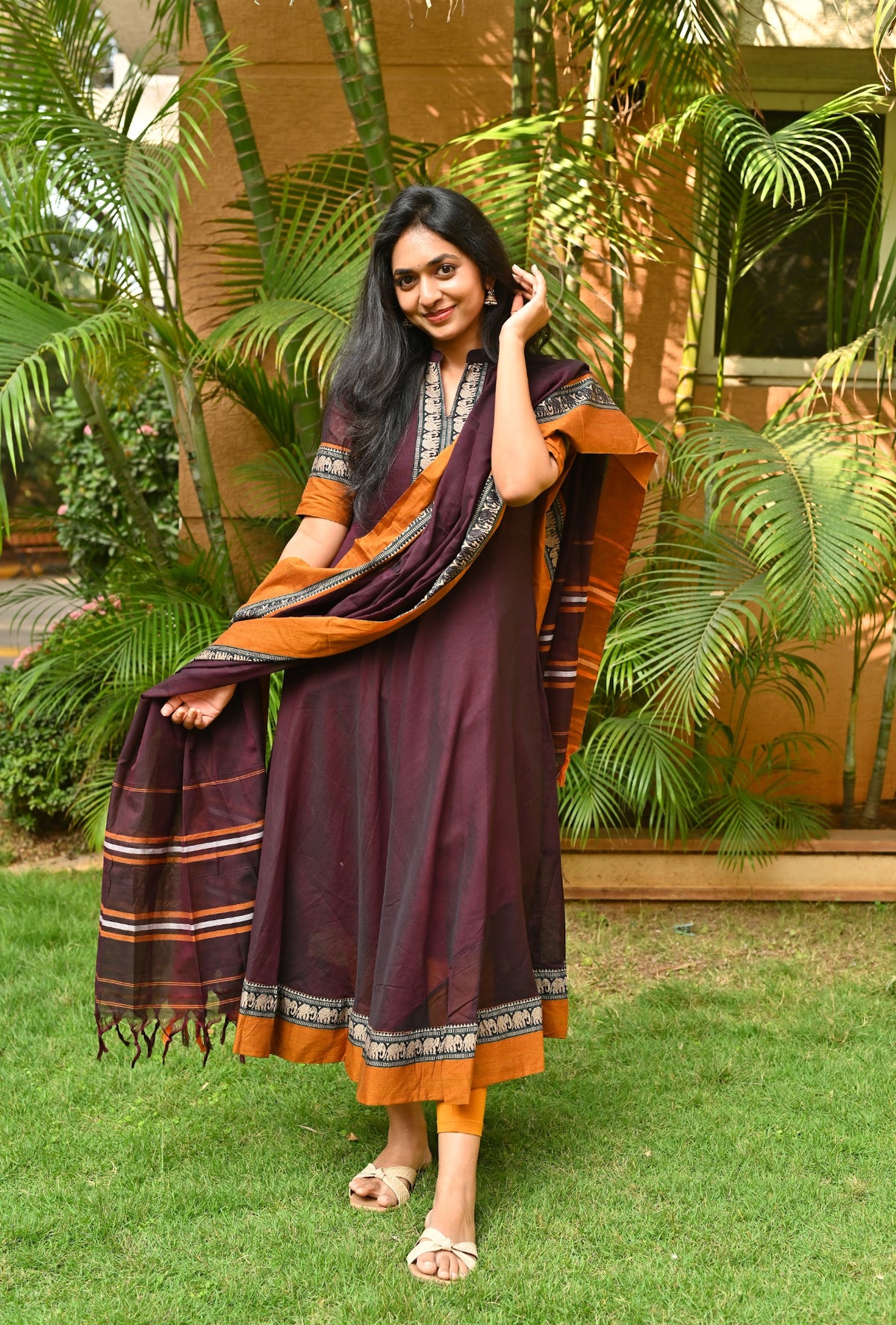Arti – Coffee Narayanpet Anarkali with Mustard Dupatta