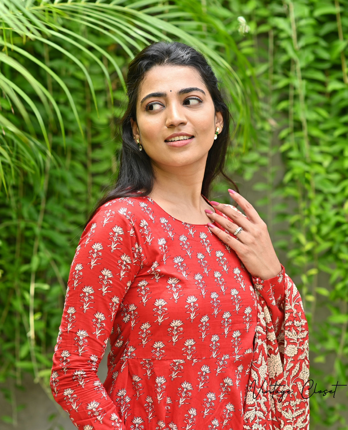 Shreya – Cherry Red Cotton Block Print Anarkali Suit Set