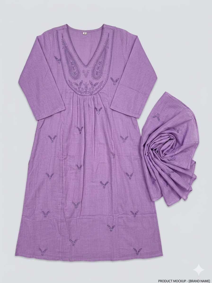 Saanvi – Lilac Kota Cotton Embroidered Suit Set