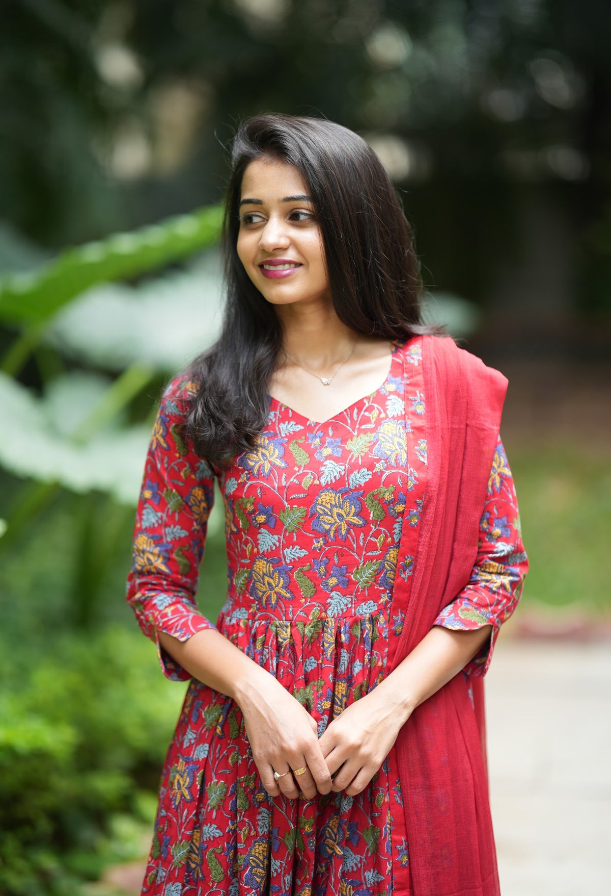 Sneha – Pink Block Print Anarkali with Chiffon Dupatta
