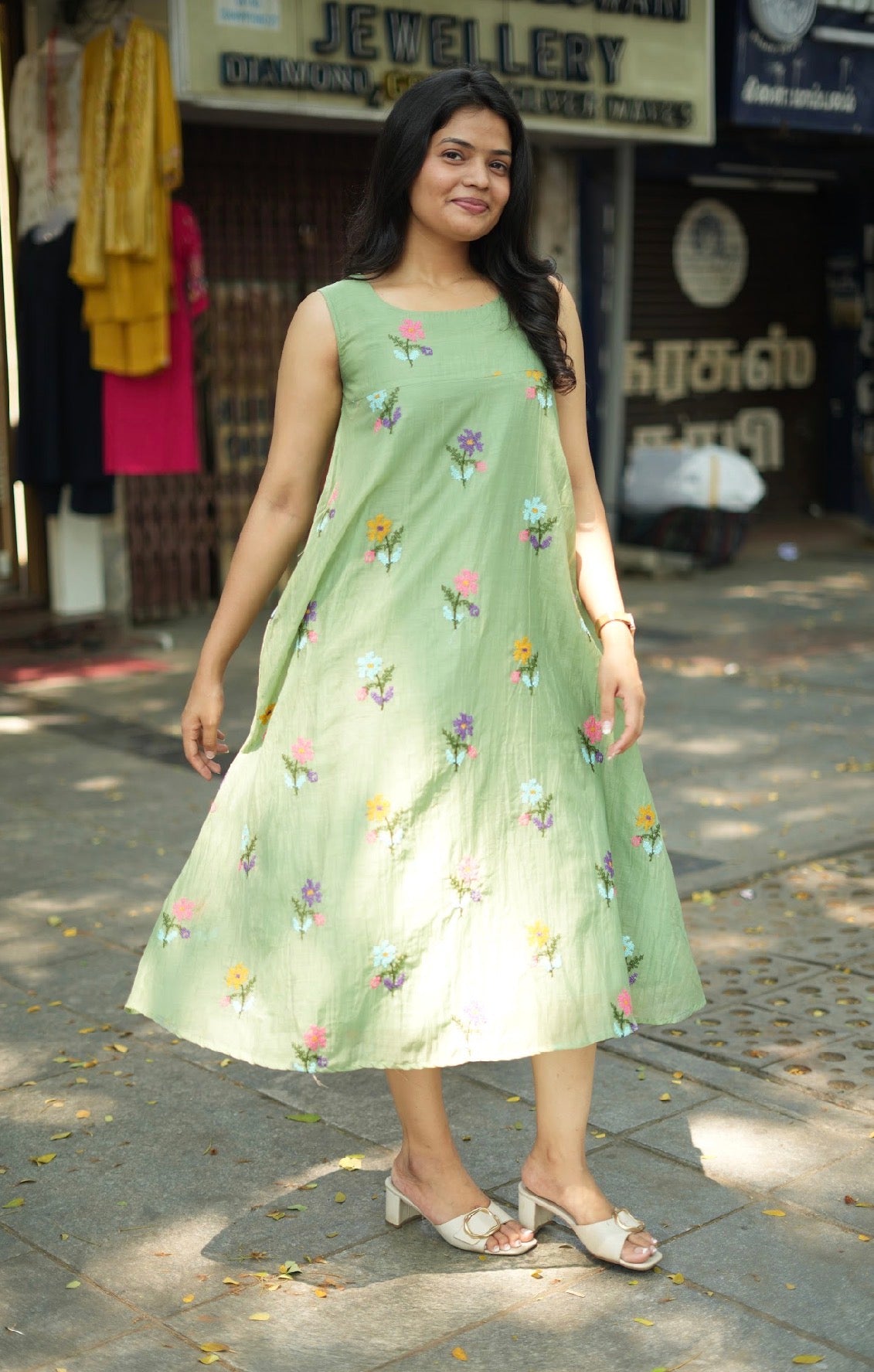 ANVI -  Sage green mal Chanderi embroidered summer dress -(VC768)