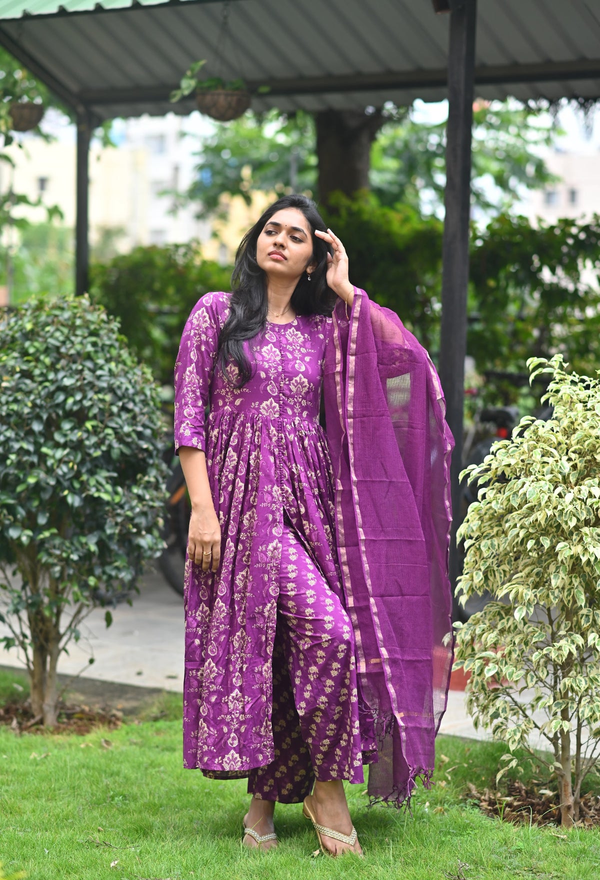 Aditi – Violet Cotton Handblock Anarkali Suit Set