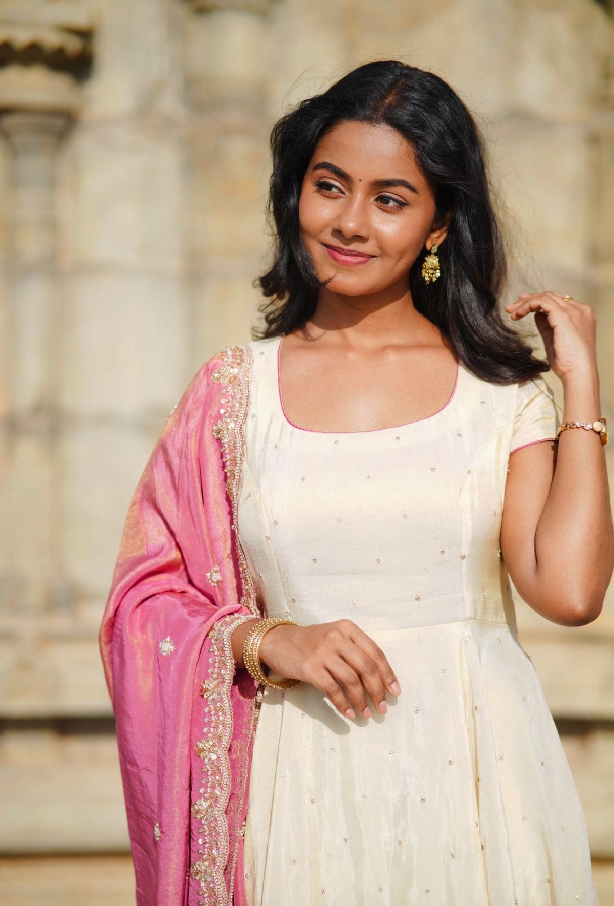 Reji – Cream Tissue Silk Anarkali with Onion Pink Dupatta