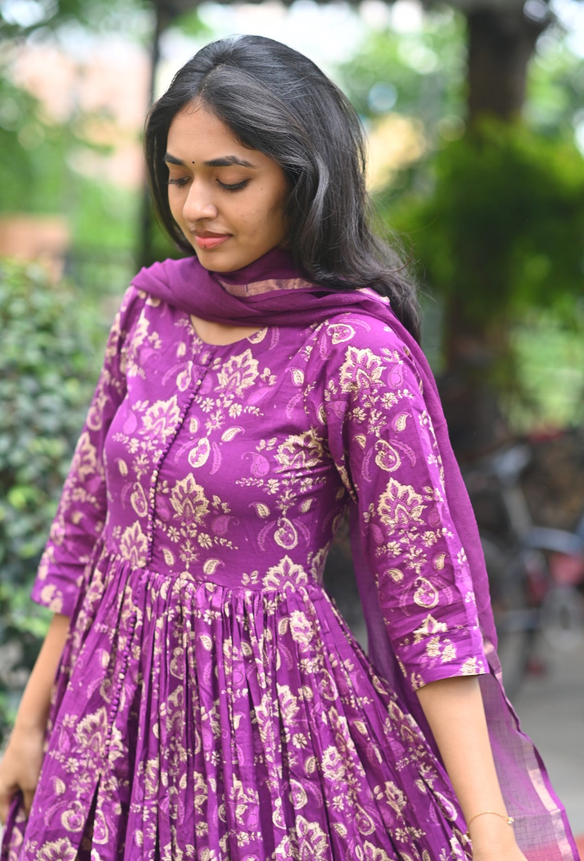 Aditi – Violet Cotton Handblock Anarkali Suit Set