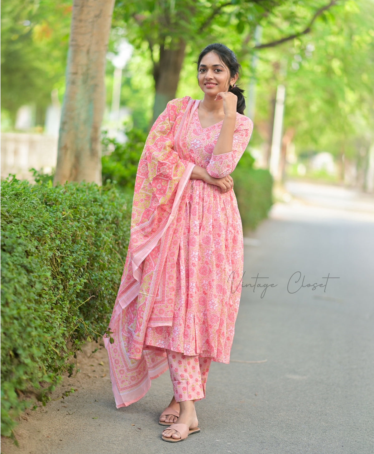 Sangamithra – Pink Handblock Print Suit with Kota Doria Dupatta
