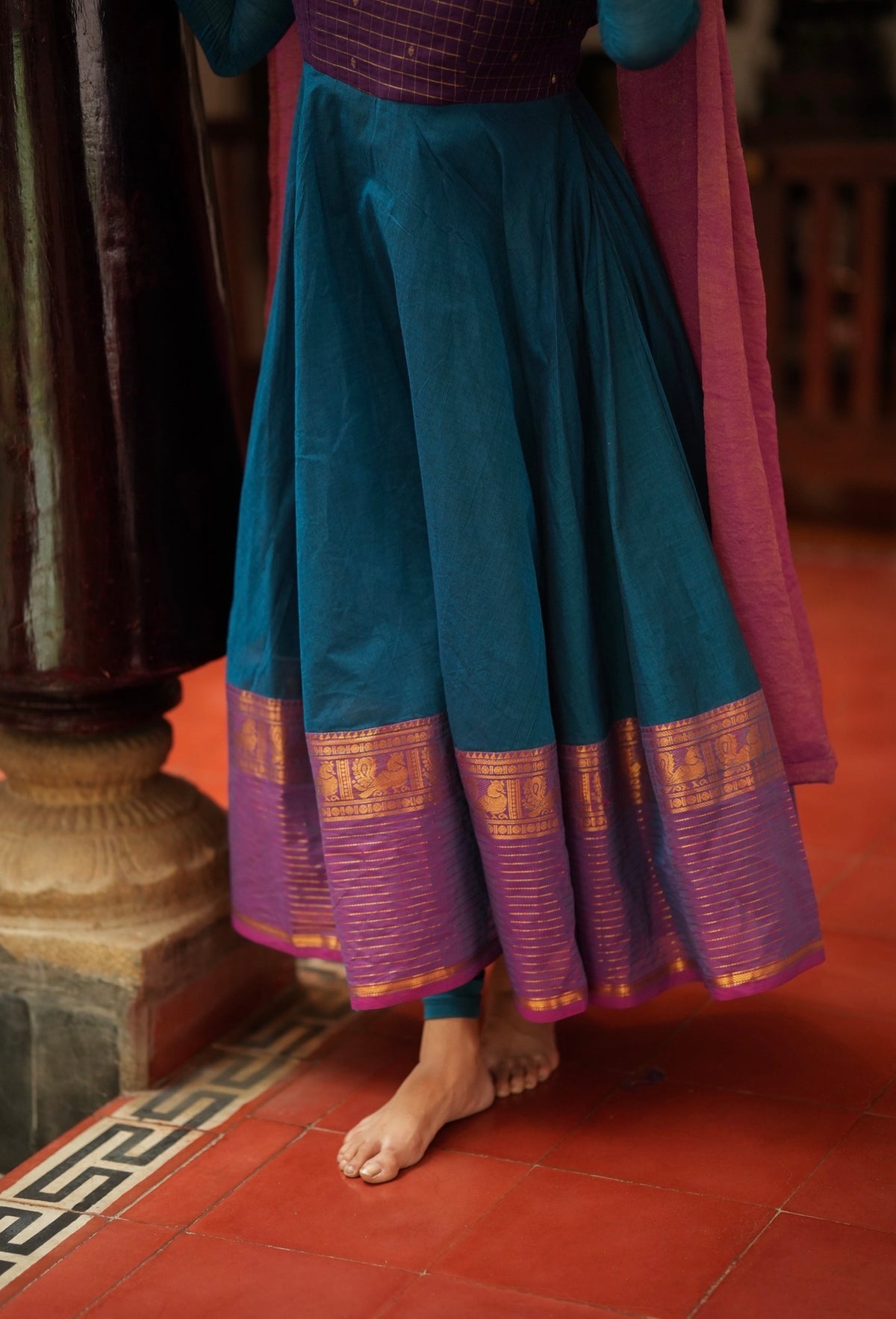 Damini – Blue Chettinad Cotton Full-Flare Anarkali Suit