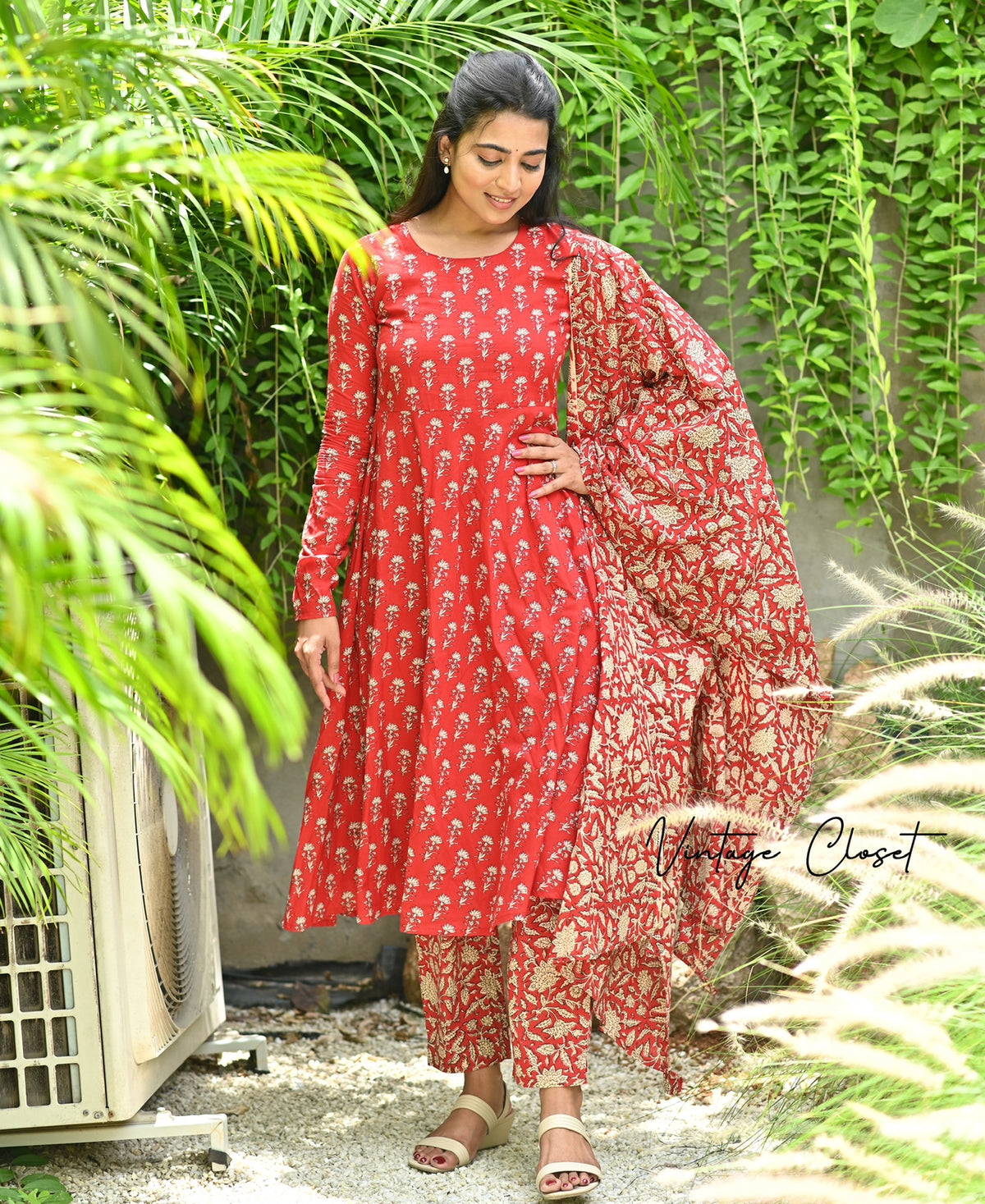 Shreya – Cherry Red Cotton Block Print Anarkali Suit Set