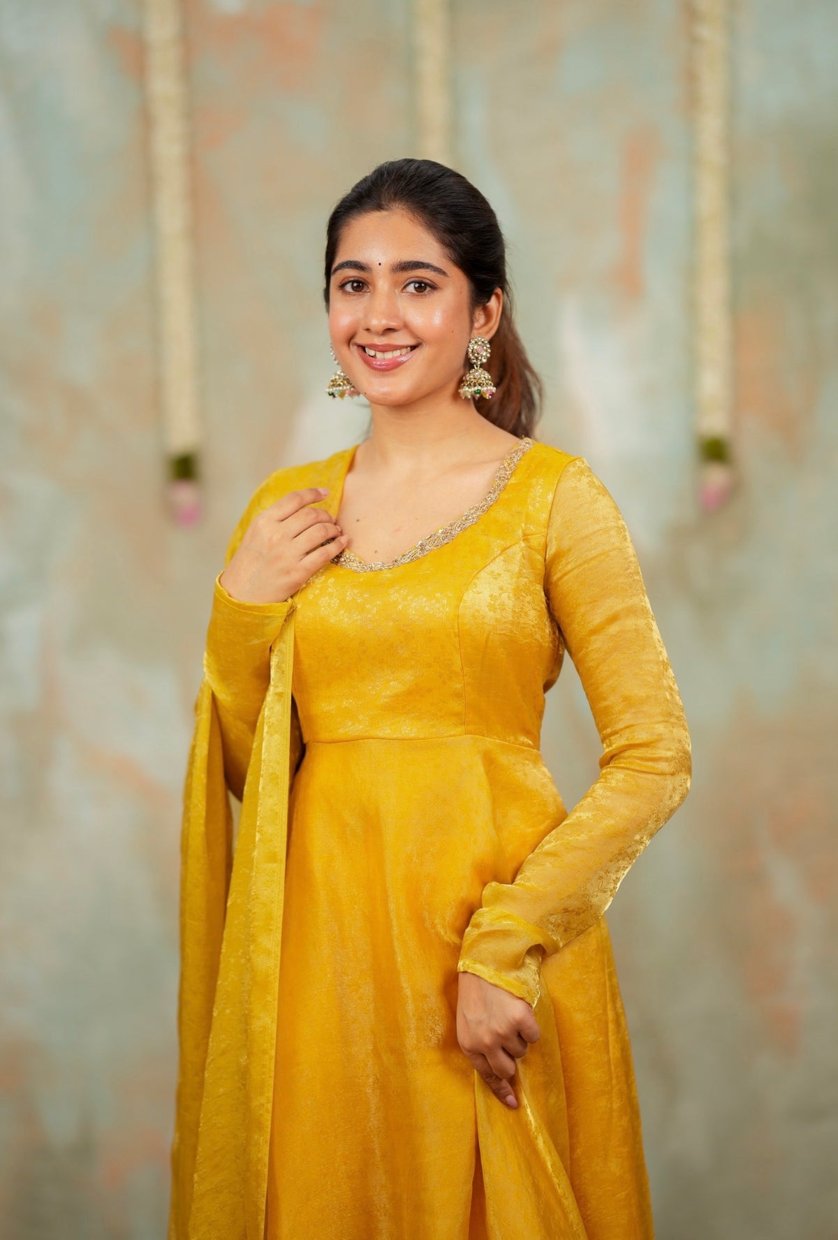 Kriya – Yellow Floral Tissue Silk Anarkali with Dupatta