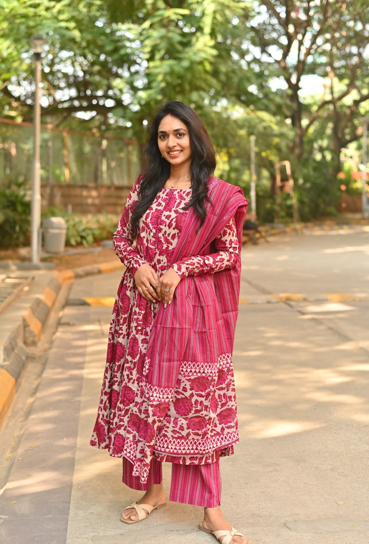 Kanaga – Rani Pink Organic Cotton Block Print Anarkali Set