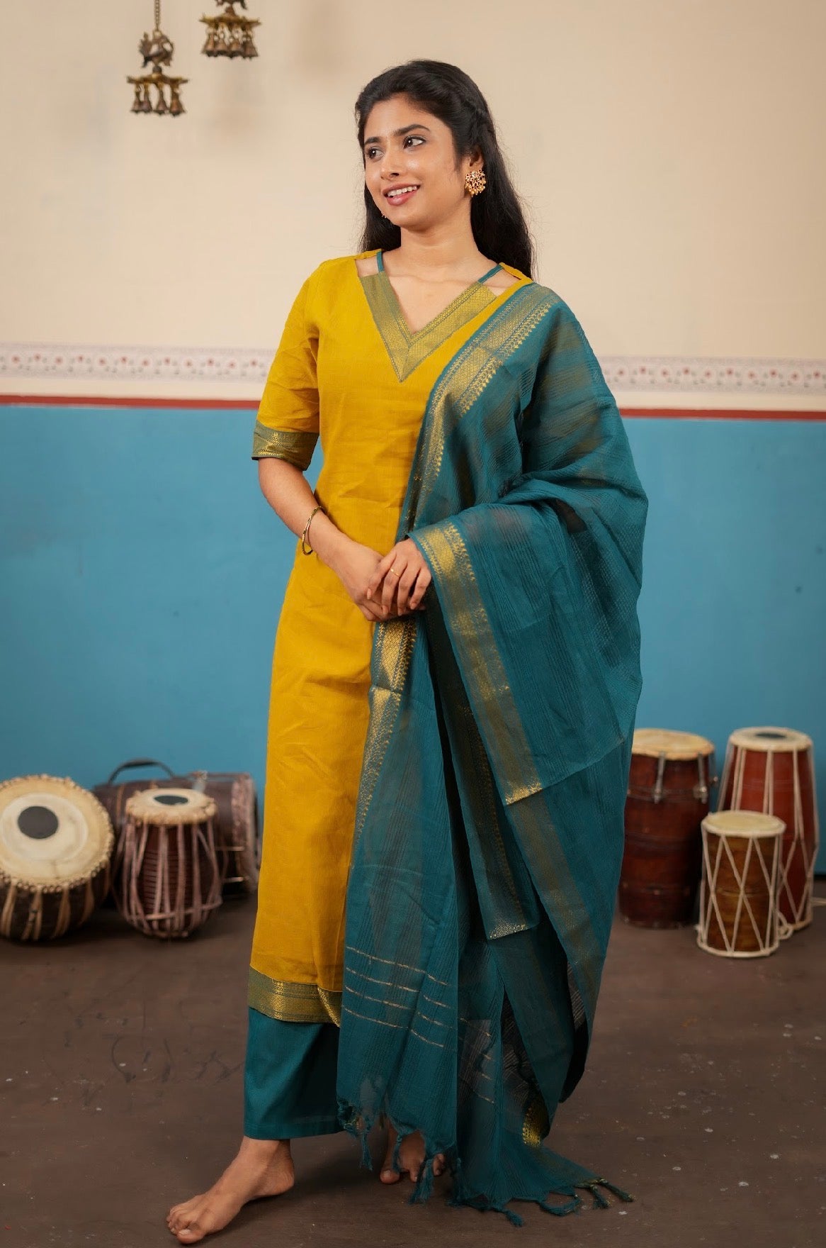 PANCHAMI -Mangalgiri set mustard with Rama blue  (VC746)