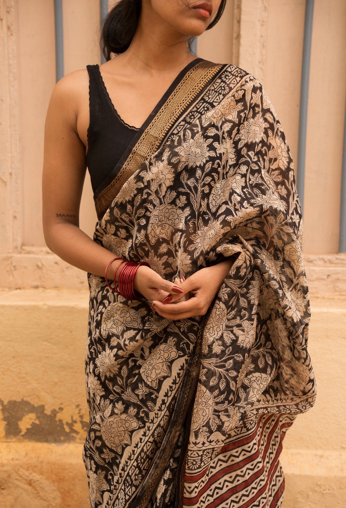 Tripti -Maheshwari silk Bagru saree(Black)