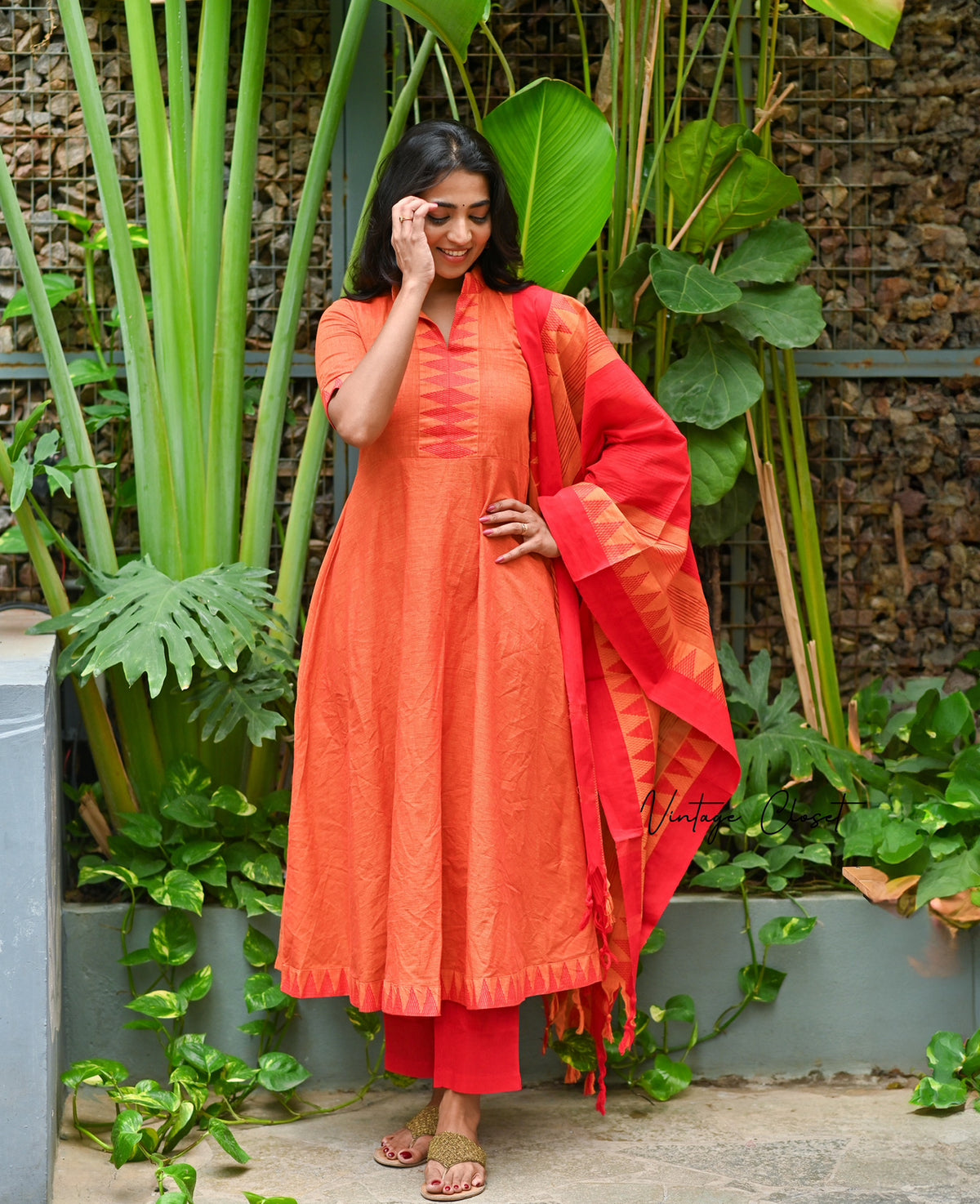Sunaina – Coral Mangalgiri Cotton Anarkali Suit Set