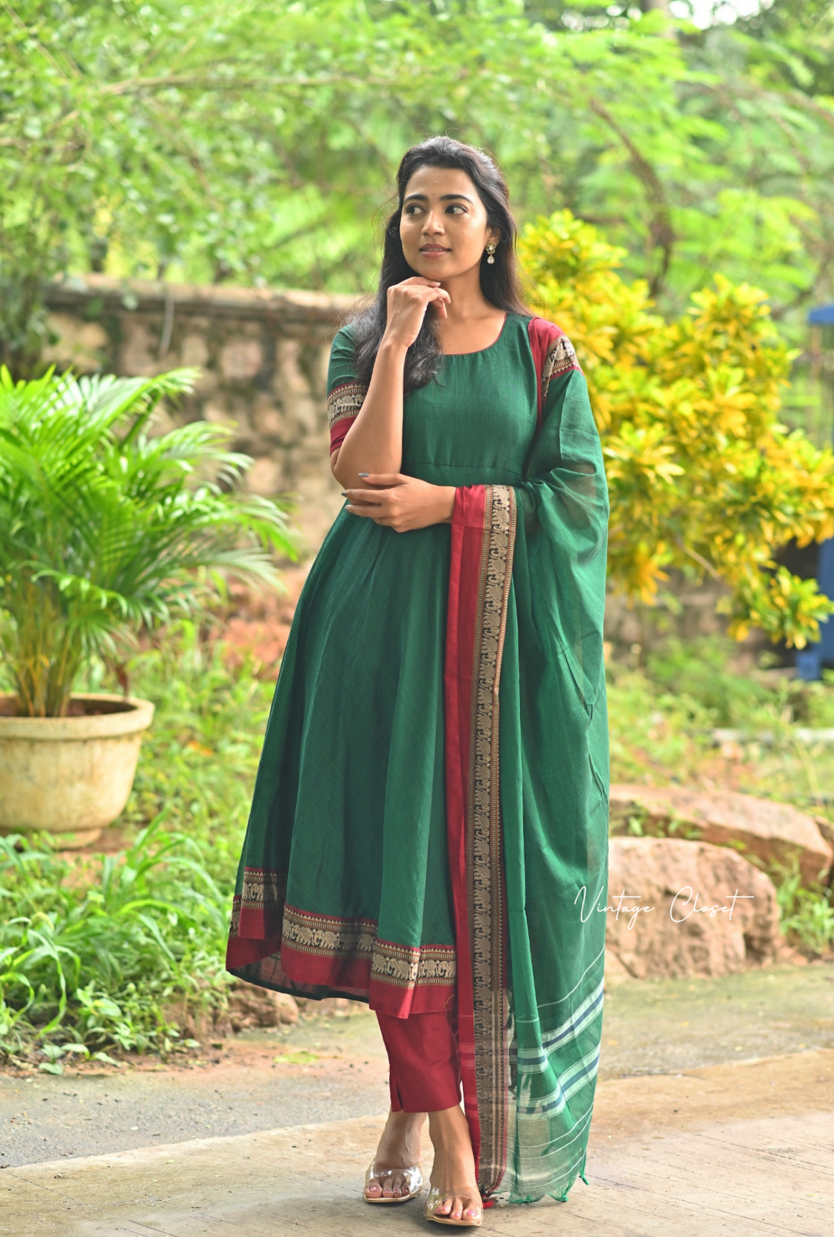Arti – Bottle Green Narayanpet Anarkali with Maroon Dupatta
