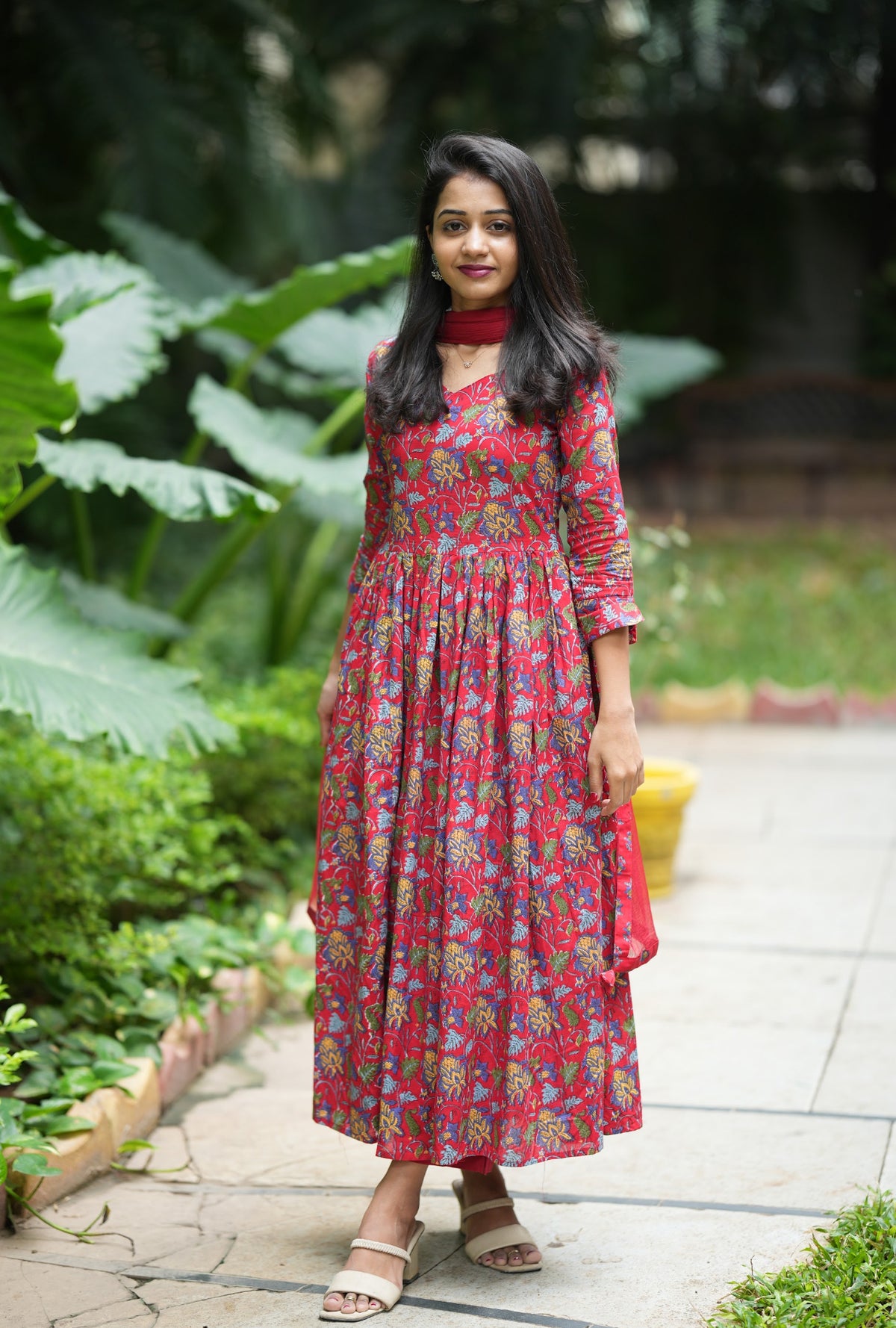 Sneha – Pink Block Print Anarkali with Chiffon Dupatta