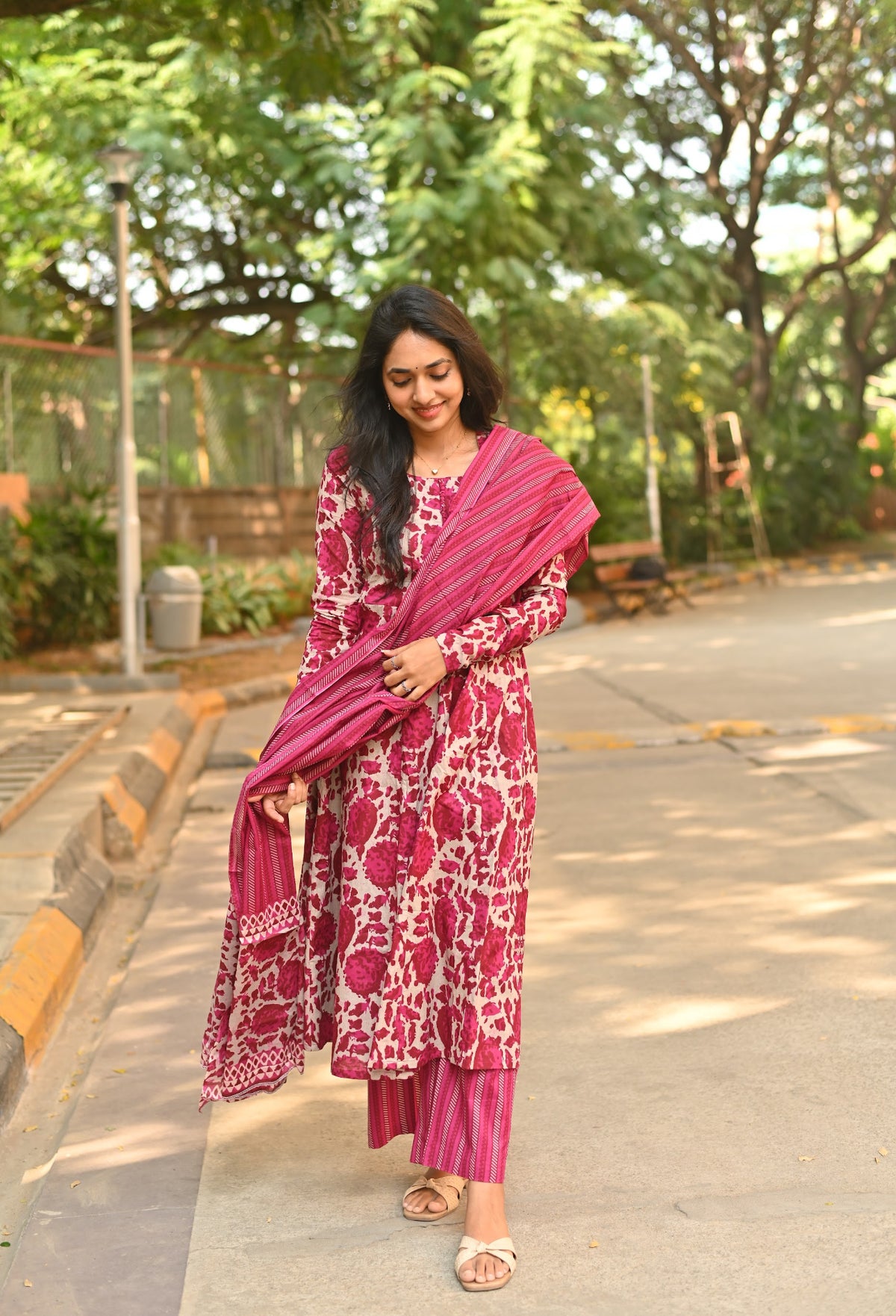 Kanaga – Rani Pink Organic Cotton Block Print Anarkali Set