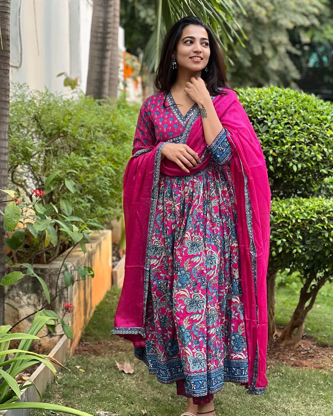 Malar – Fuchsia Pink Handblock Print Cotton Alia-Cut Suit Set