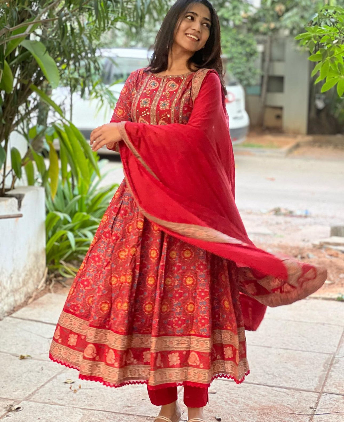 Amrita – Red Cotton Embroidered Anarkali Suit Set