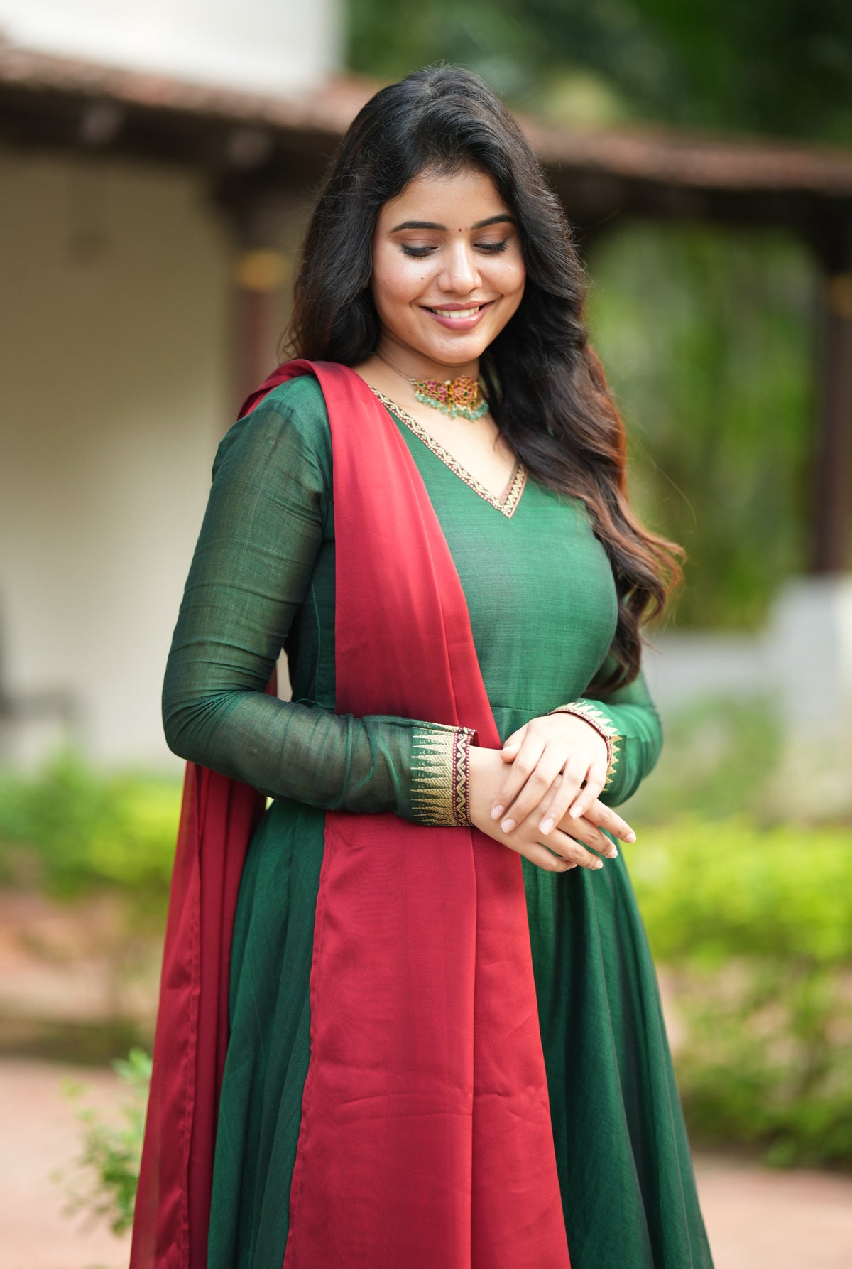 Akila – Green Narayanpet Anarkali with Red Dupatta