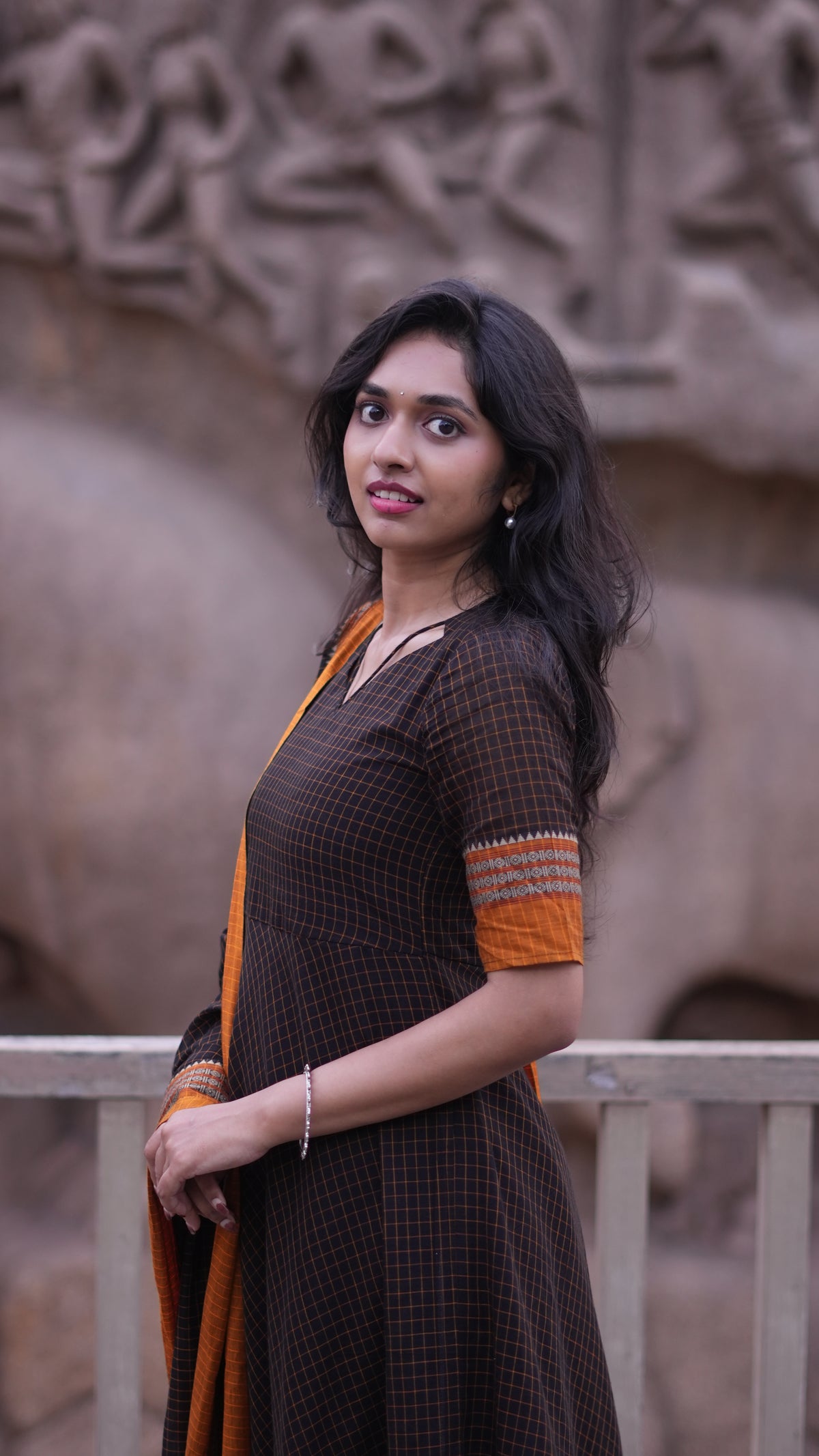 Arti Checks – Black Narayanpet Anarkali with Mustard Dupatta
