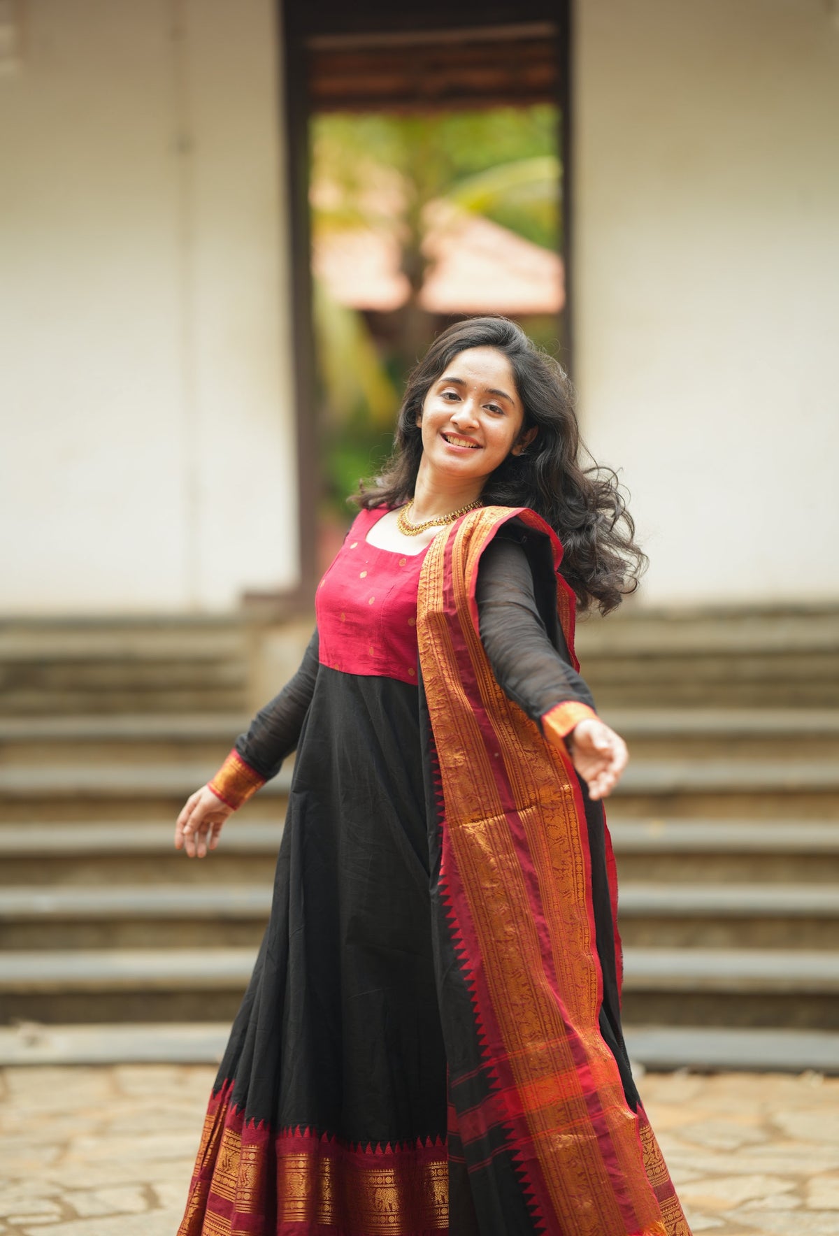 Damini – Red Chettinad Cotton Full-Flare Anarkali Suit