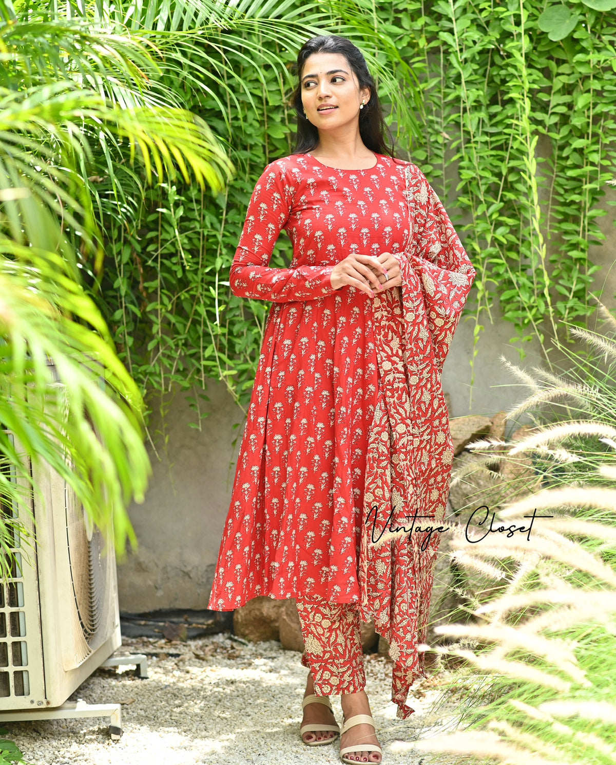 Shreya – Cherry Red Cotton Block Print Anarkali Suit Set
