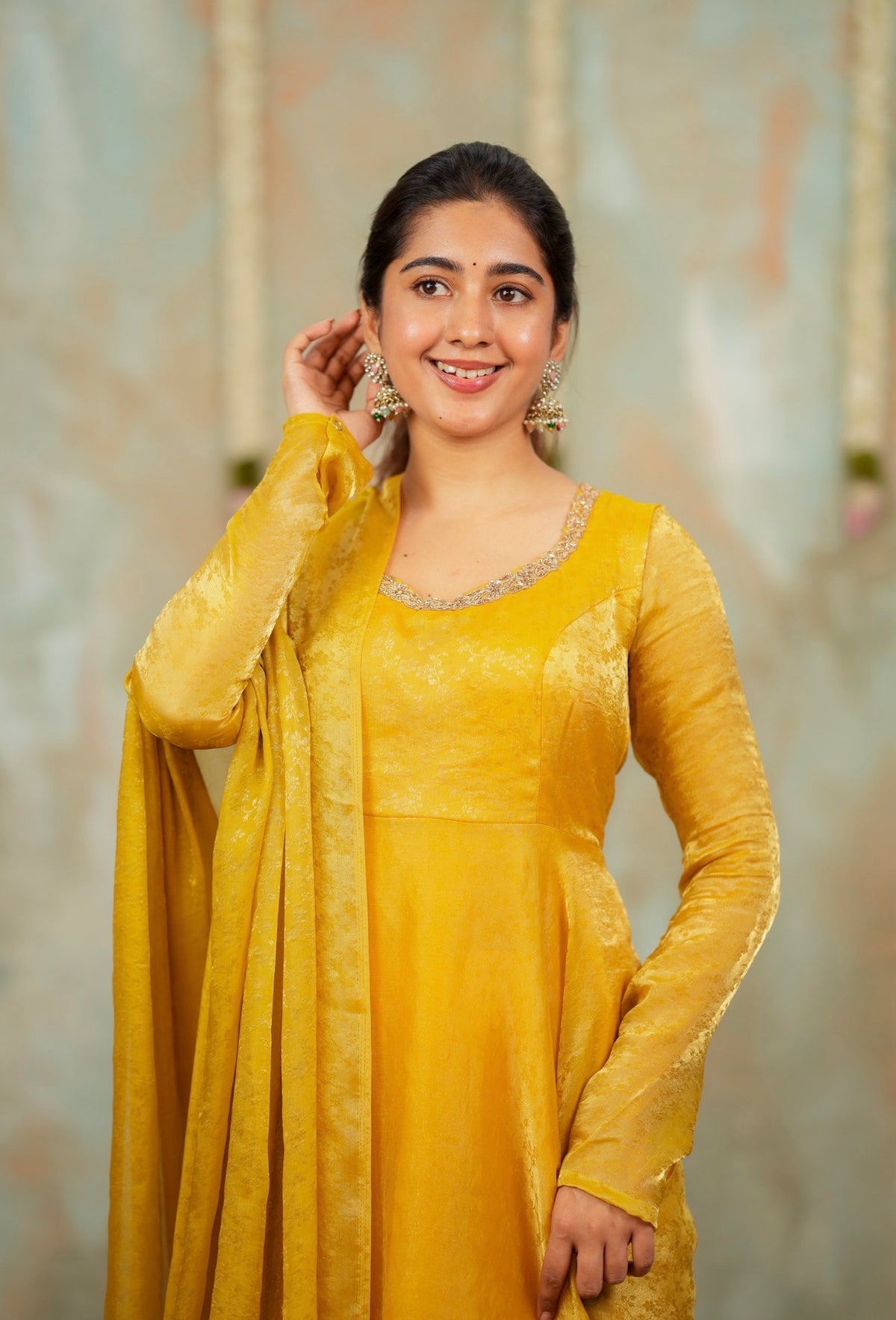 Kriya – Yellow Floral Tissue Silk Anarkali with Dupatta