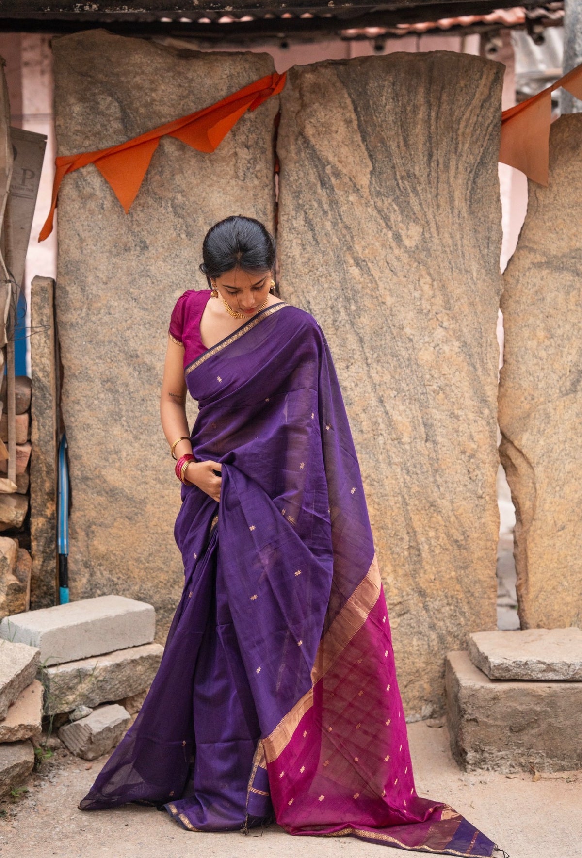 Sundari-Maheshwari silk saree (Violet+wine) VC1054