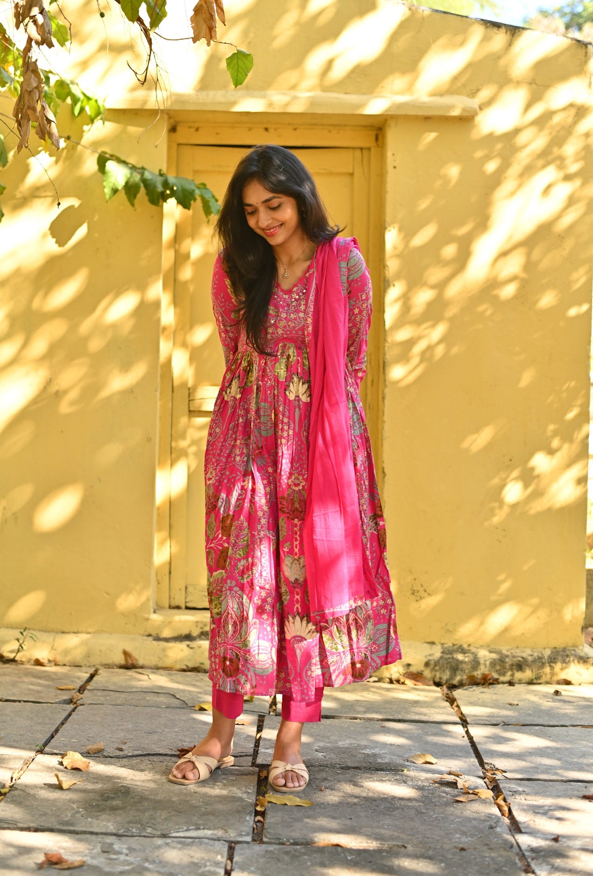 Aishu – Floral Block Print Alia-Cut Anarkali Set with Kota Dupatta