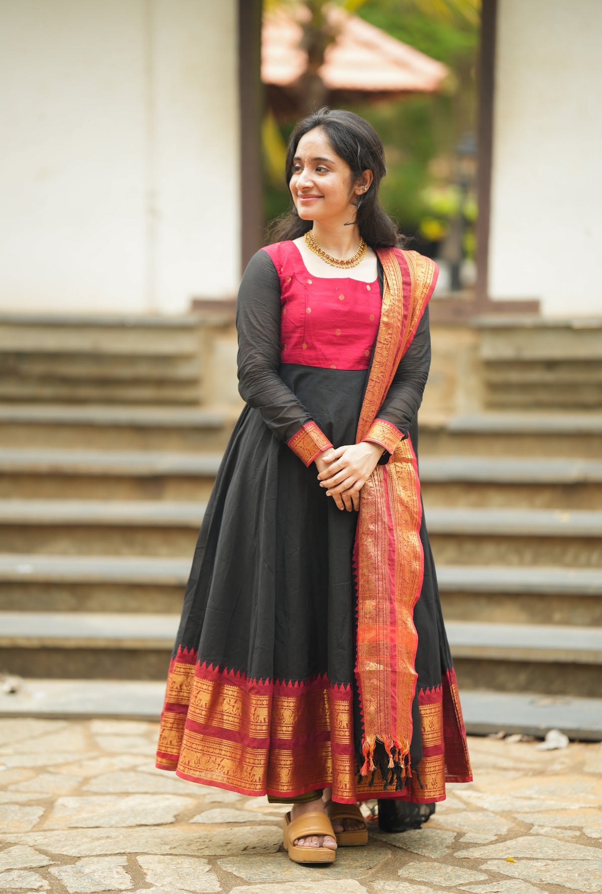Damini – Red Chettinad Cotton Full-Flare Anarkali Suit