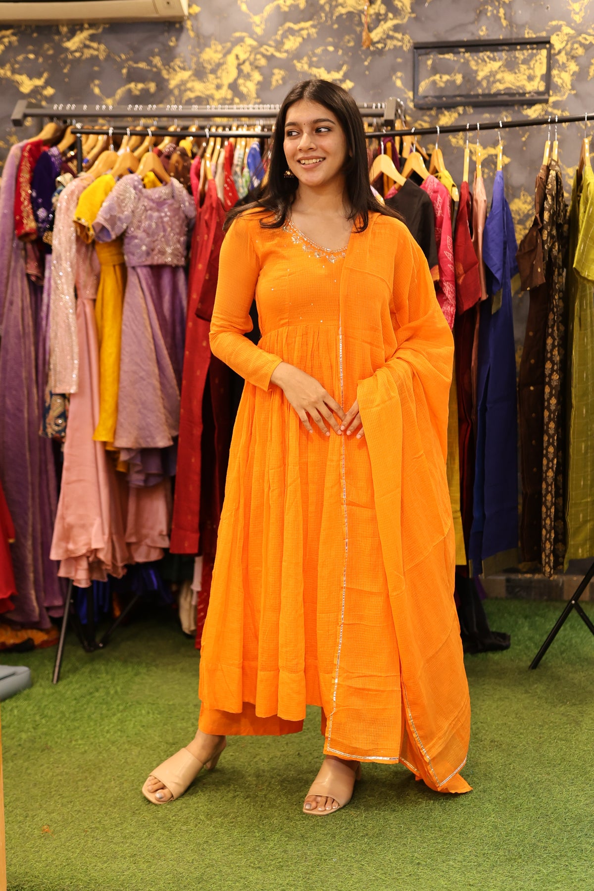 Saanvi – Orange Kota Cotton Anarkali Suit Set
