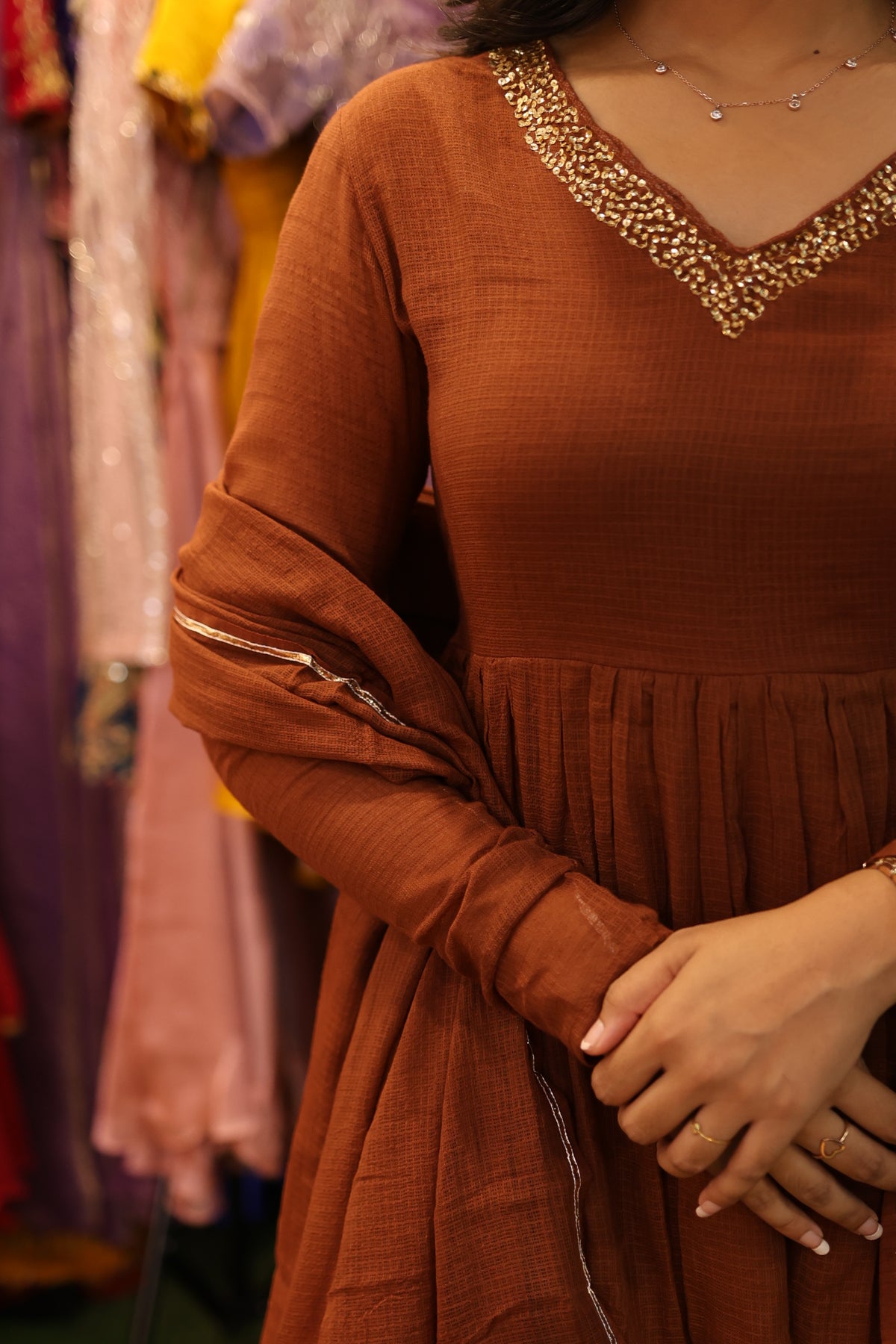 Saanvi – Coffee Brown Kota Cotton Anarkali Suit Set with Dupatta