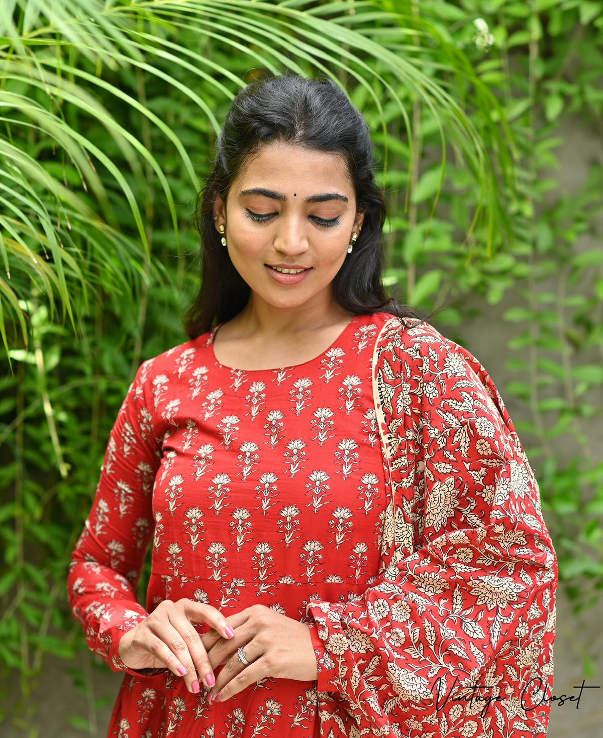 Shreya – Cherry Red Cotton Block Print Anarkali Suit Set