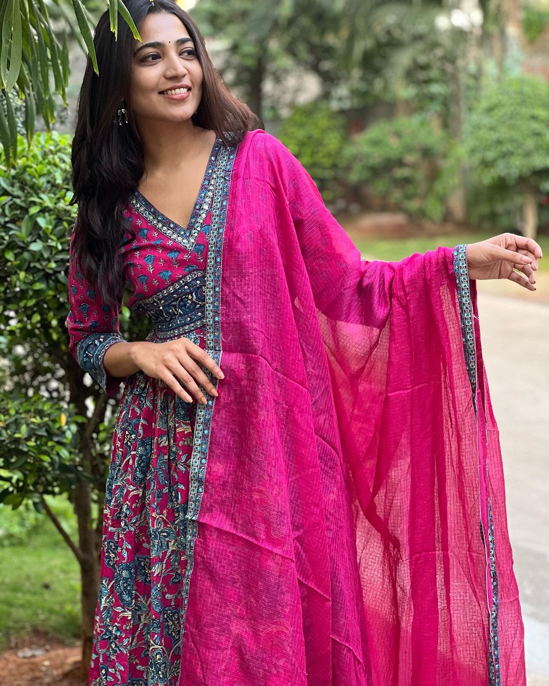 Malar – Fuchsia Pink Handblock Print Cotton Alia-Cut Suit Set