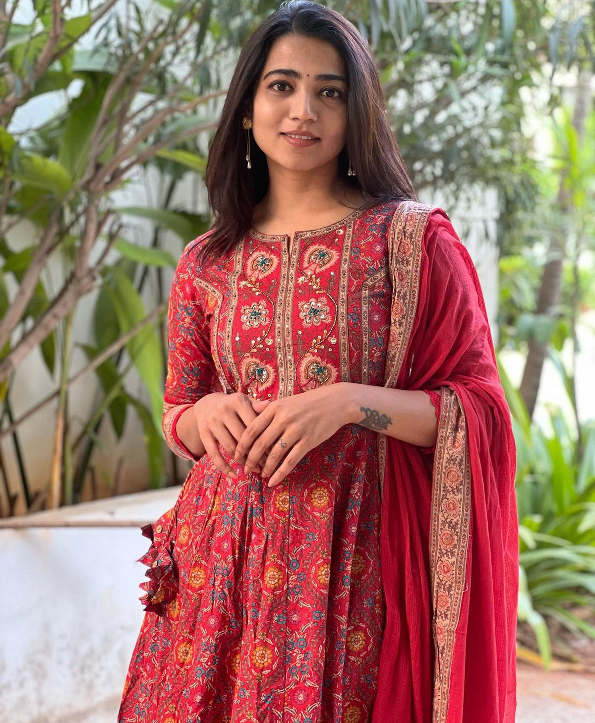 Amrita – Red Cotton Embroidered Anarkali Suit Set