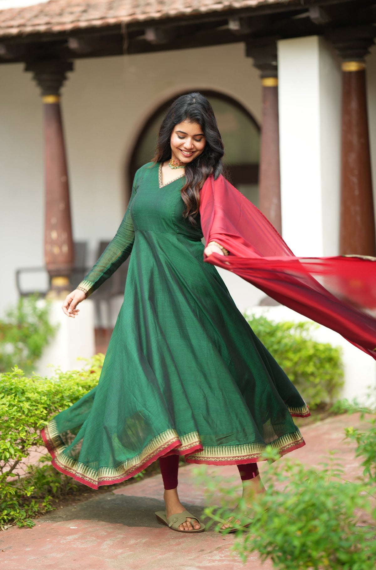 Akila – Green Narayanpet Anarkali with Red Dupatta
