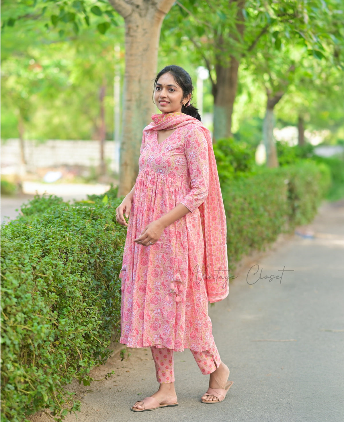Sangamithra – Pink Handblock Print Suit with Kota Doria Dupatta