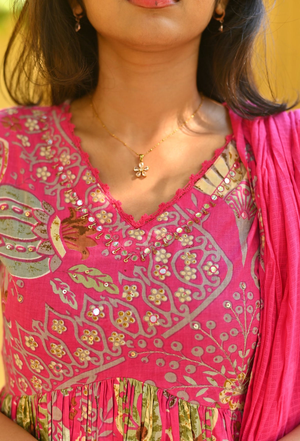 Aishu – Floral Block Print Alia-Cut Anarkali Set with Kota Dupatta