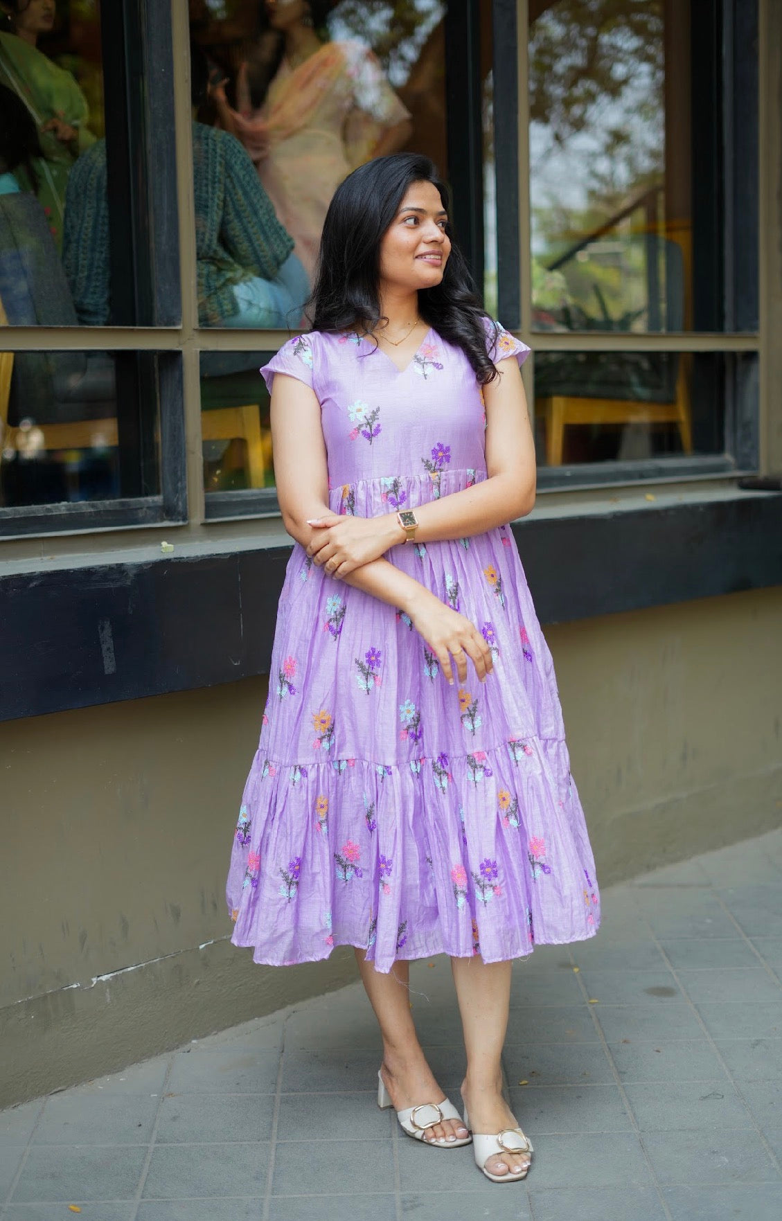 ANVI -  Lavendar mal Chanderi embroidered summer dress -(VC766)