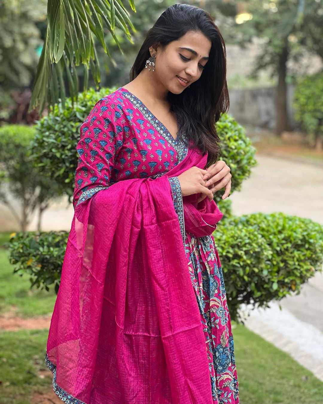 Malar – Fuchsia Pink Handblock Print Cotton Alia-Cut Suit Set