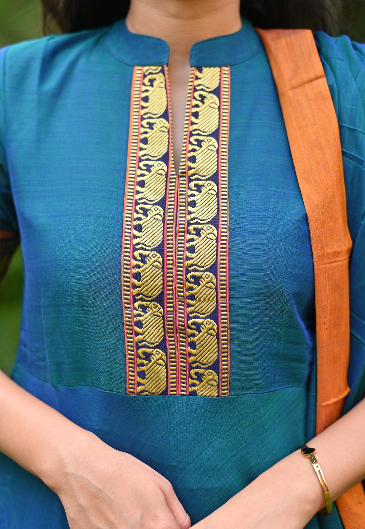Arti Gold – Peacock Narayanpet Anarkali with Mustard Dupatta