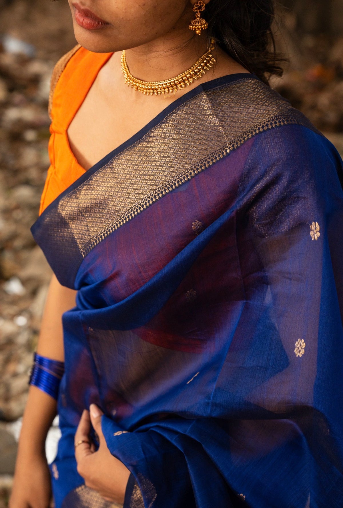 Sundari-2-tone Maheshwari silk saree(Blue with orange)