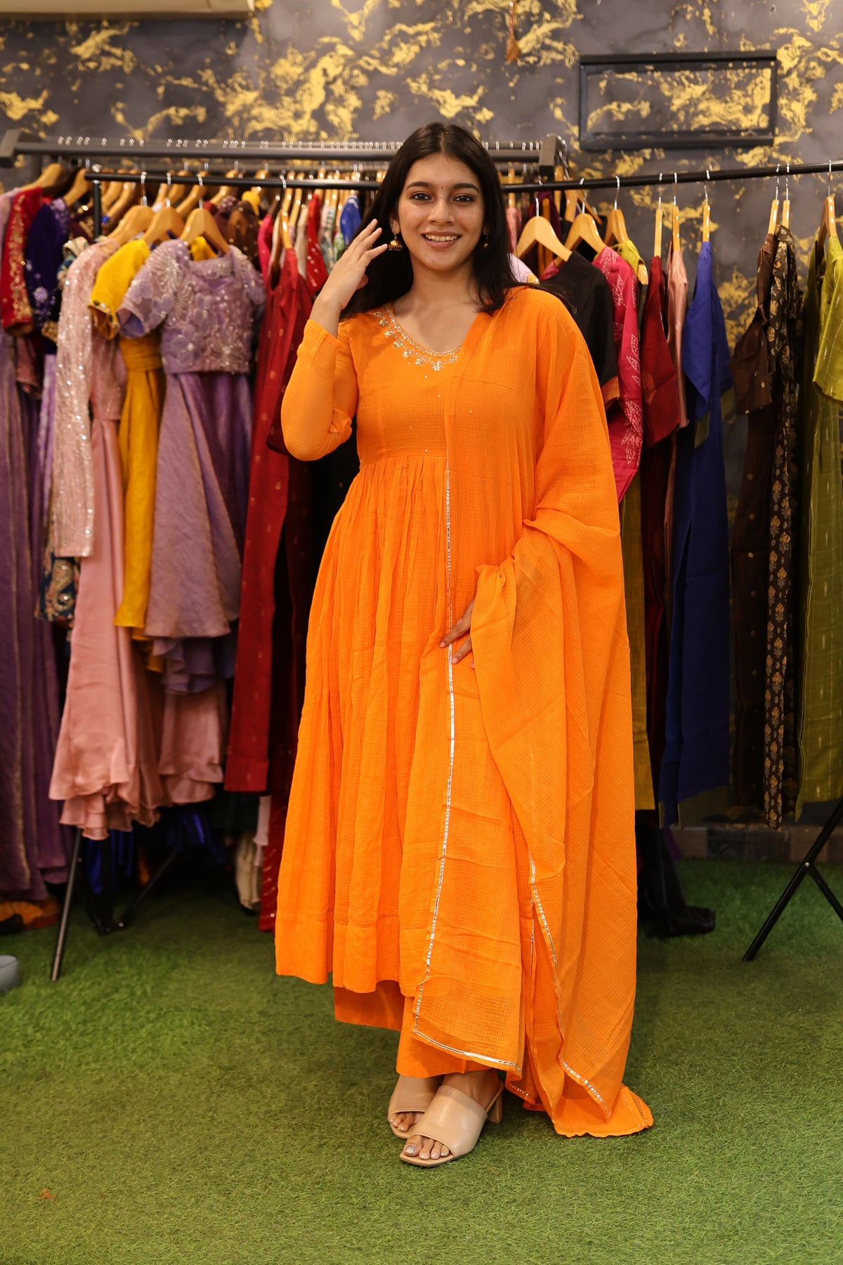 Saanvi – Orange Kota Cotton Anarkali Suit Set